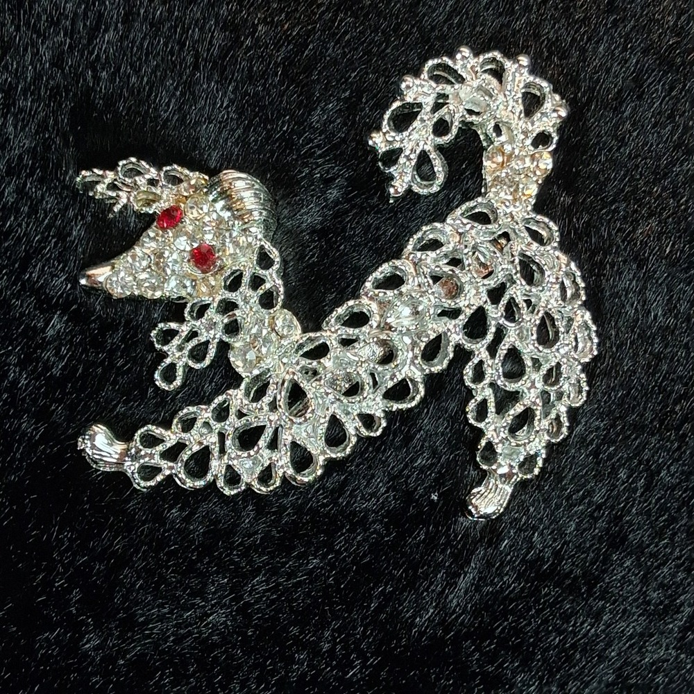 Vintage Silver Tone Poodle Dog Brooch Pin Red Rhinestone Eyes Openwork 2"